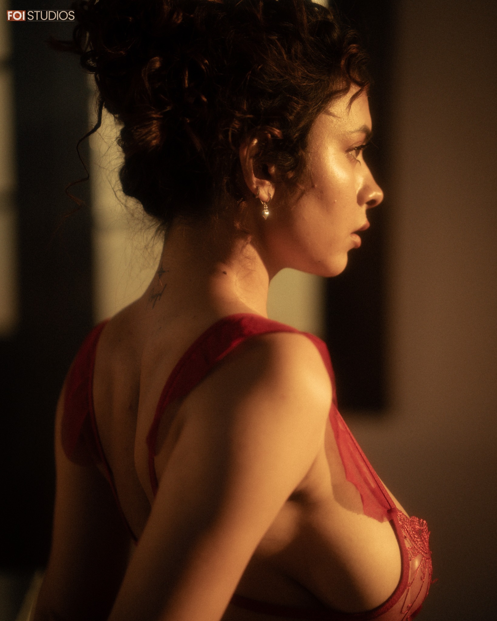 Profile portrait of Aayu Choudhary in red lingerie and golden light