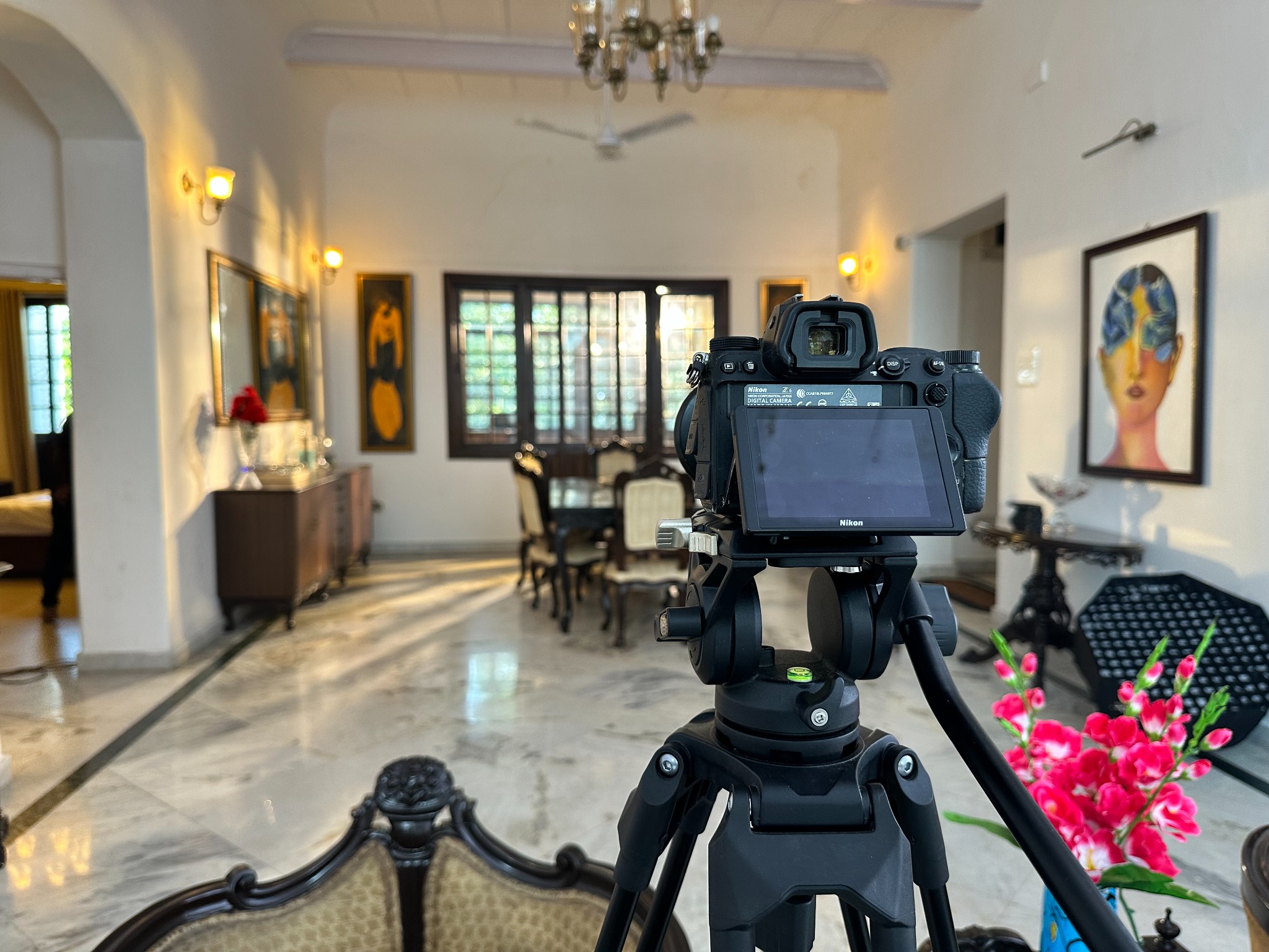 Cinema camera on a tripod facing the heritage dining room