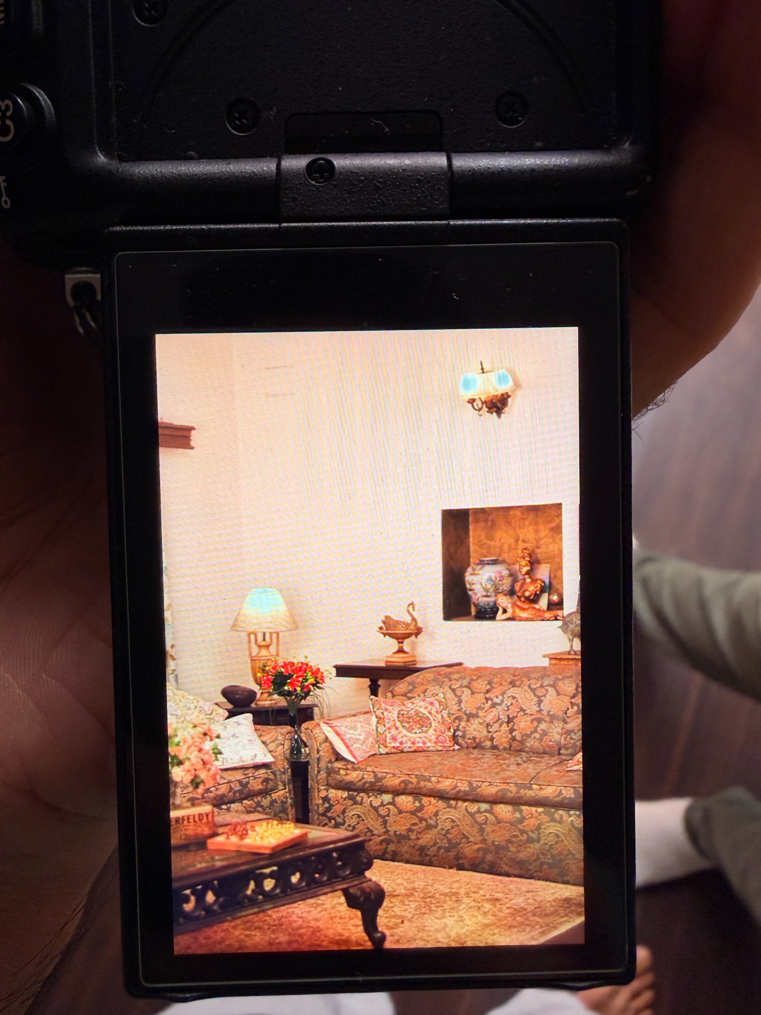 Camera monitor showing the Sinderella salon composition during production