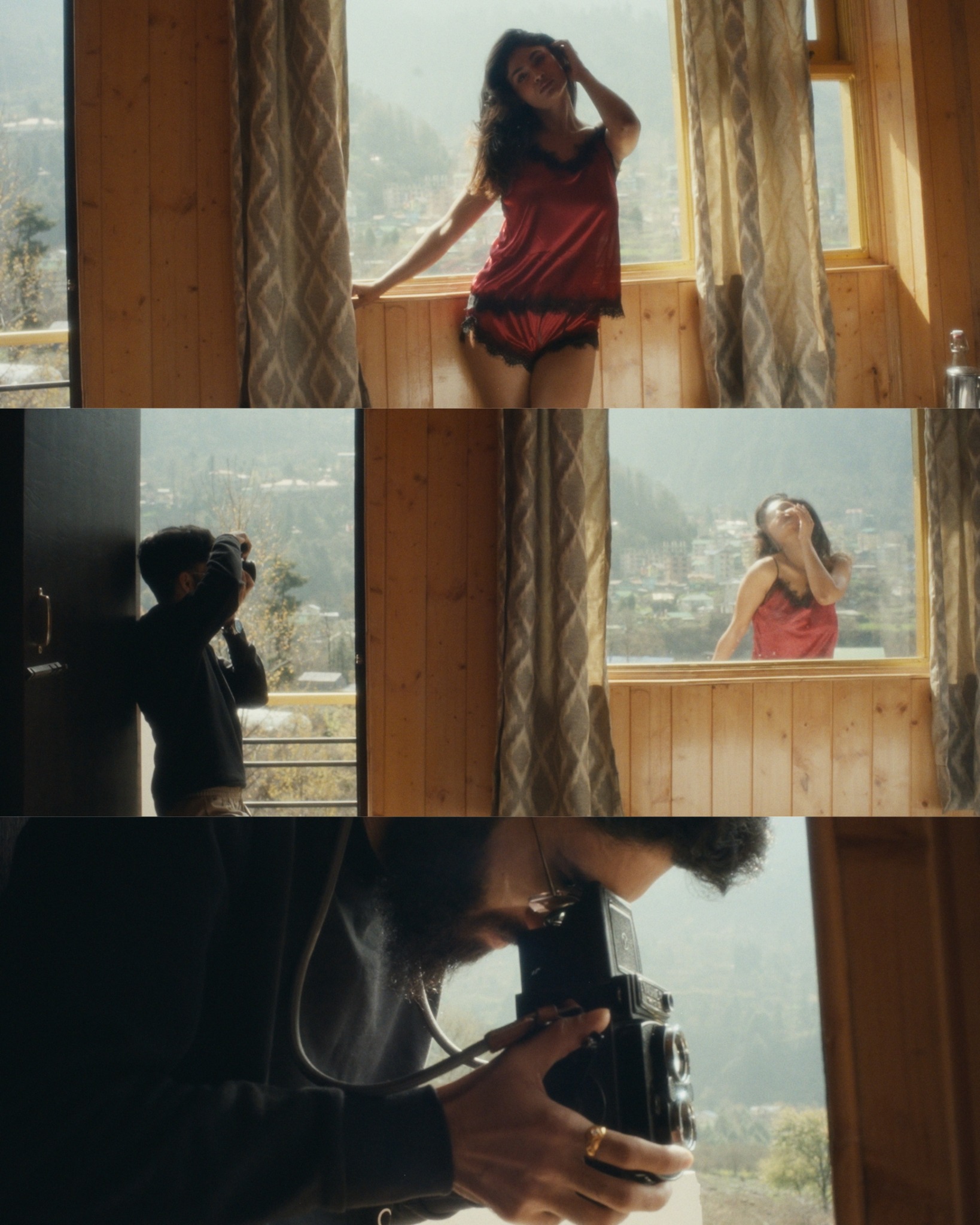 Behind-the-scenes contact strip of an analogue portrait made at a cabin window